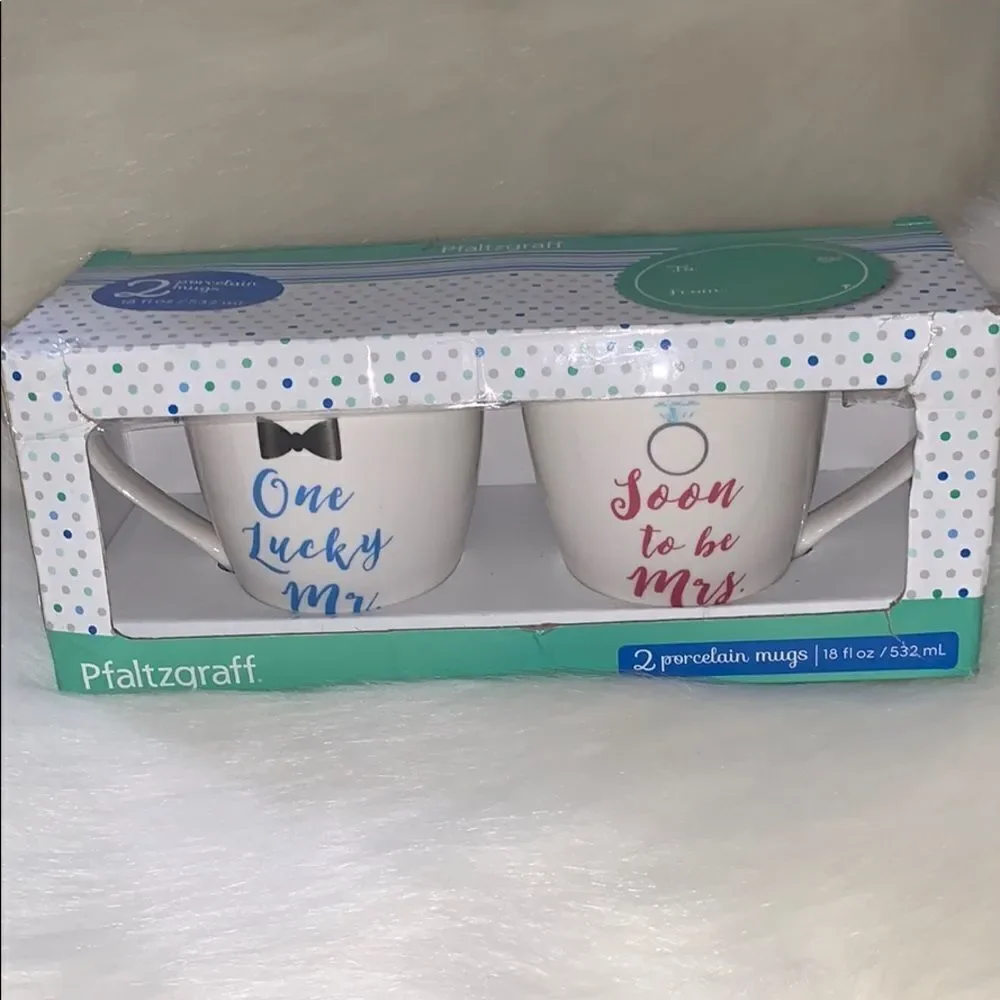 PFALTZGRAFF “SOON TO MRS” & “ONE LUCKY MR” MUG SET WEDDING ENGAGEMENT GIFT
